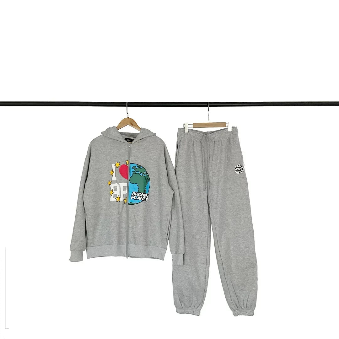Broken Planet I Love BP Earth Graphic Zip‑Up Tracksuit Set (3 Colors)