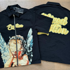 Mixed Emotion Cherub Angel Print Short‑Sleeve Zip Shirt & Shorts Set