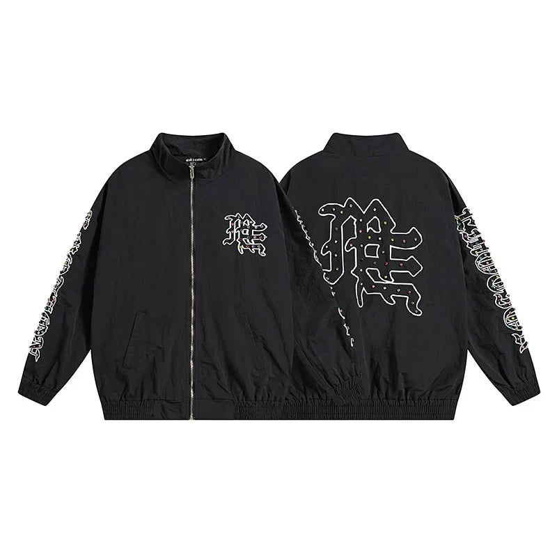 Mixed Emotion Rhinestone Logo Zip‑Up Track Jacket