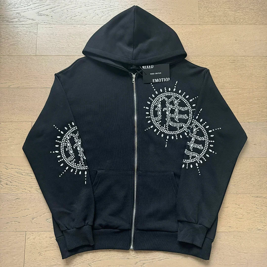 Mixed Emotion Rhinestone Sun Logo Zip‑Up Hoodie Tracksuit Set