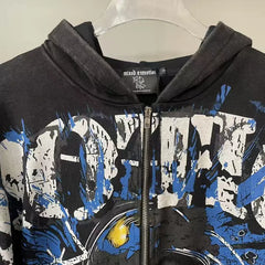 Mixed Emotion Black Zip Hoodie – Blue Yellow Graffiti Portrait Print