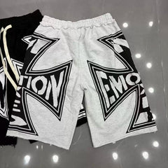 Mixed Emotion Cross Logo Frayed Hem Sweat Shorts