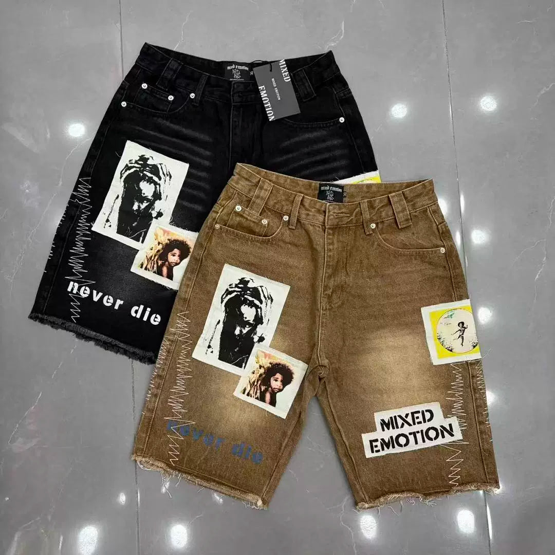 Mixed Emotion Black Denim Shorts – Patchwork Emotion Print