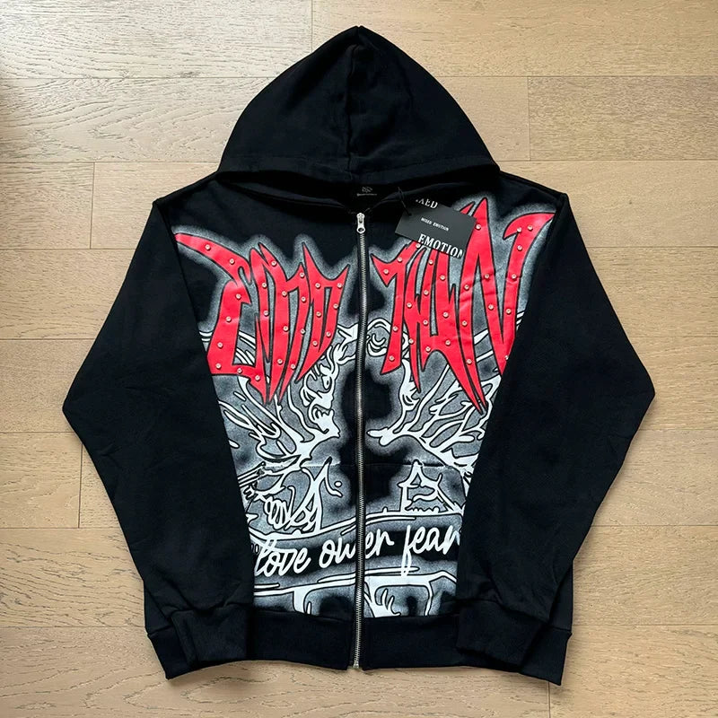 Mixed Emotion Black Zip Hoodie – Red White Art Print