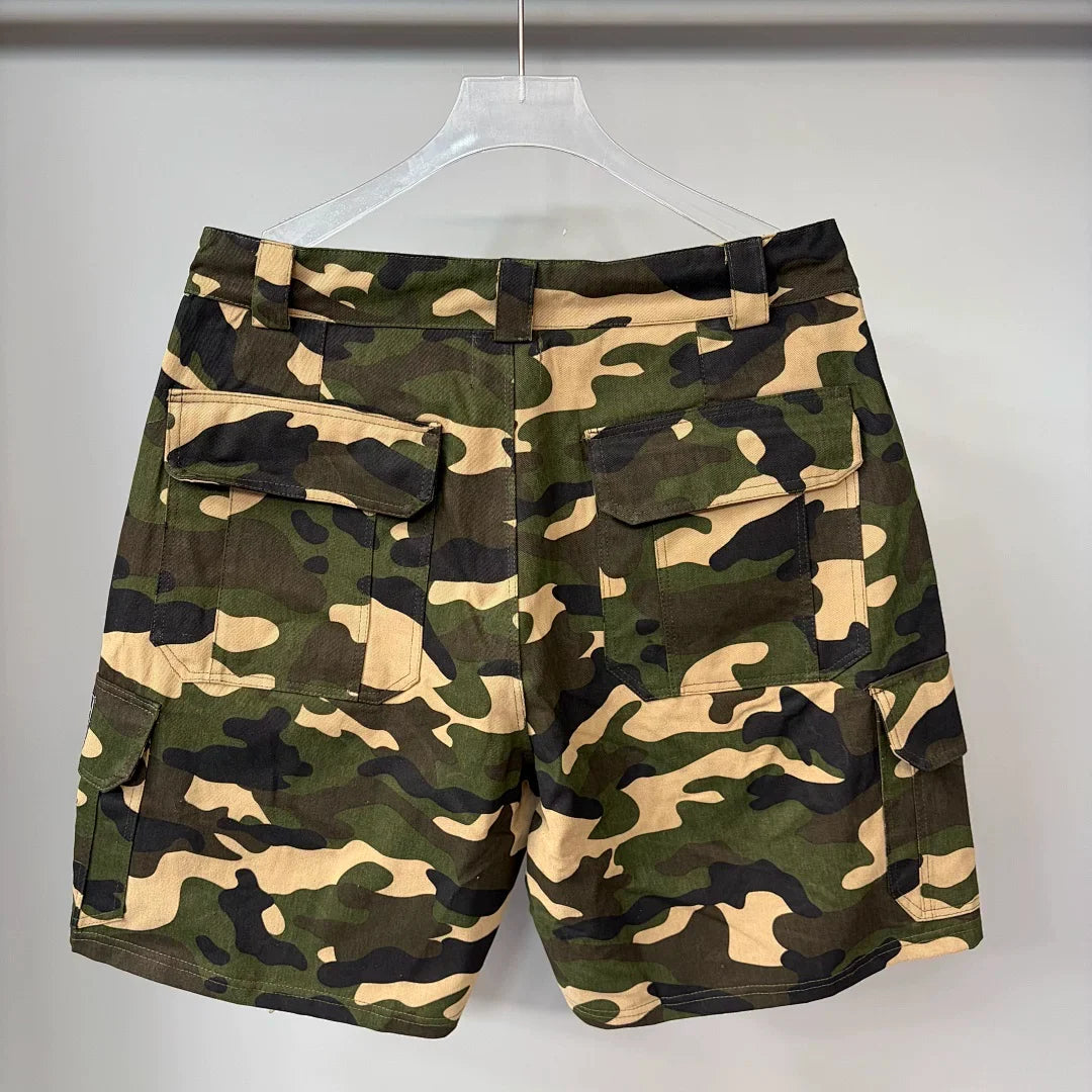 Mixed Emotion Camo Multi‑Patch Cargo Shorts