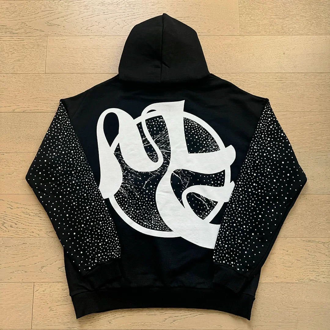 Mixed Emotion Vintage Angel Graphic Rhinestone‑Sleeve Hoodie