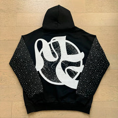 Mixed Emotion Vintage Angel Graphic Rhinestone‑Sleeve Hoodie