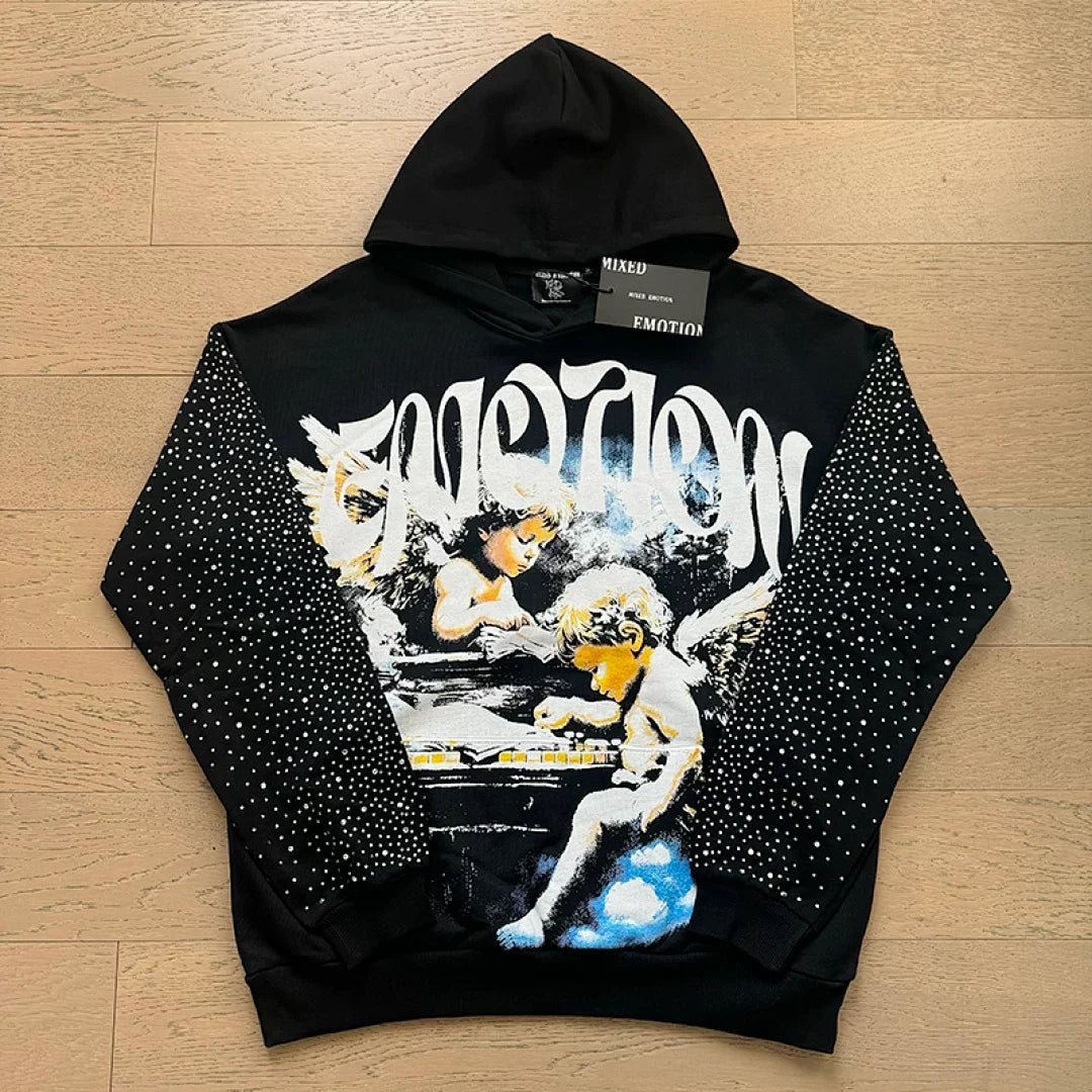 Mixed Emotion Vintage Angel Graphic Rhinestone‑Sleeve Hoodie