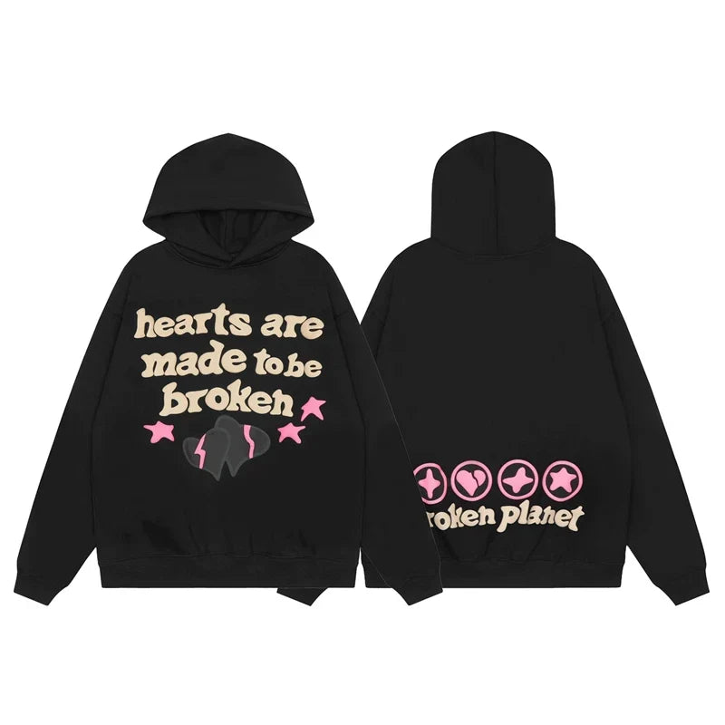 Broken Planet Hearts Are Made To Be Broken Black Oversized Graphic Hoodie