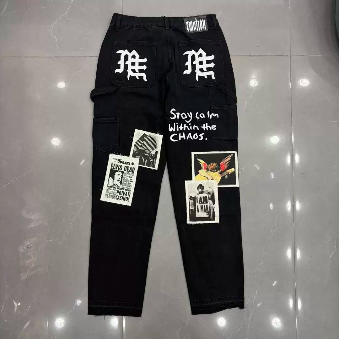 Mixed Emotion Newspaper Patchwork Flare Cargo Jeans