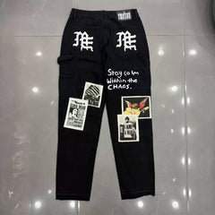 Mixed Emotion Newspaper Patchwork Flare Cargo Jeans