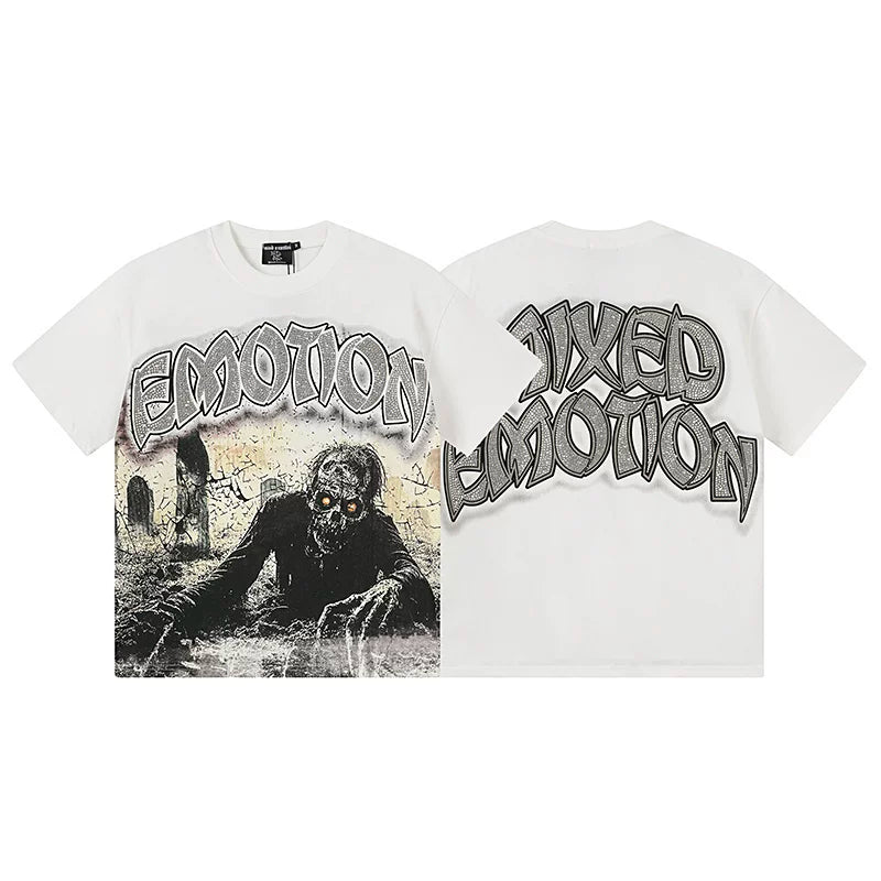 Mixed Emotion White Tee – Emotion Zombie Grave Print