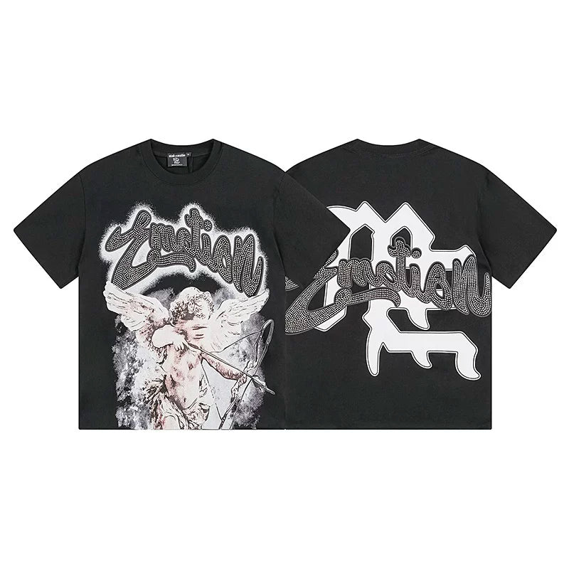 Mixed Emotion Black Tee – Worn Cupid Rhinestone Emotion Print