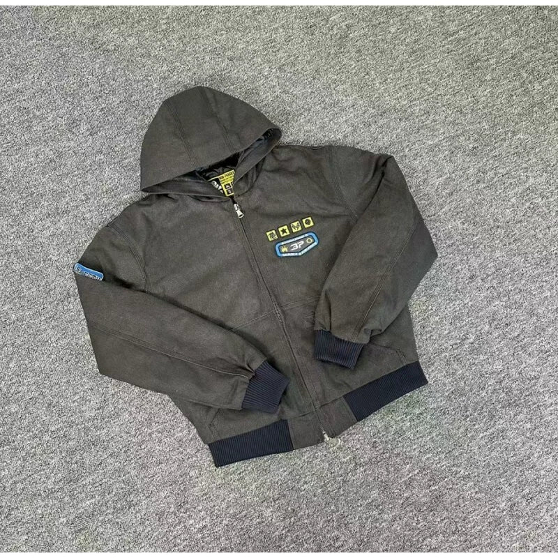 Broken Planet Patched Hooded Work Bomber Jacket - Dark Grey