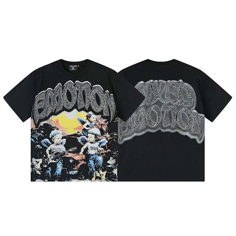 Mixed Emotion Black Tee – Angel Kids Rhinestone Emotion Print