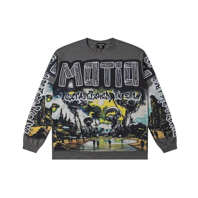 Mixed Emotion Sci‑Fi City Full‑Print Long‑Sleeve Tee