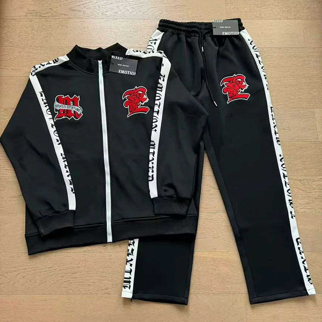 Mixed Emotion Embroidered Logo Zip‑Up Tracksuit Set