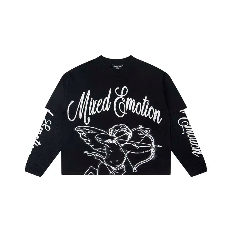 Mixed Emotion Black Long Sleeve Two-Layer Pullover – Cupid Mixed Emotion Print