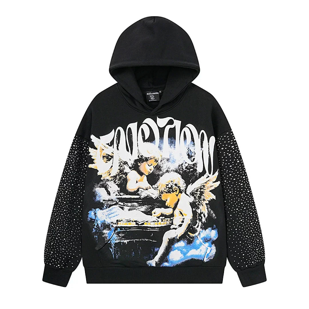 Mixed Emotion Vintage Angel Graphic Rhinestone‑Sleeve Hoodie