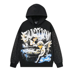 Mixed Emotion Vintage Angel Graphic Rhinestone‑Sleeve Hoodie