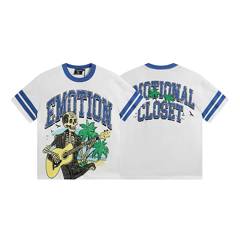 Mixed Emotion White Tee – Blue Collar Skull Guitar Print