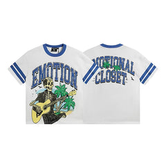 Mixed Emotion White Tee – Blue Collar Skull Guitar Print