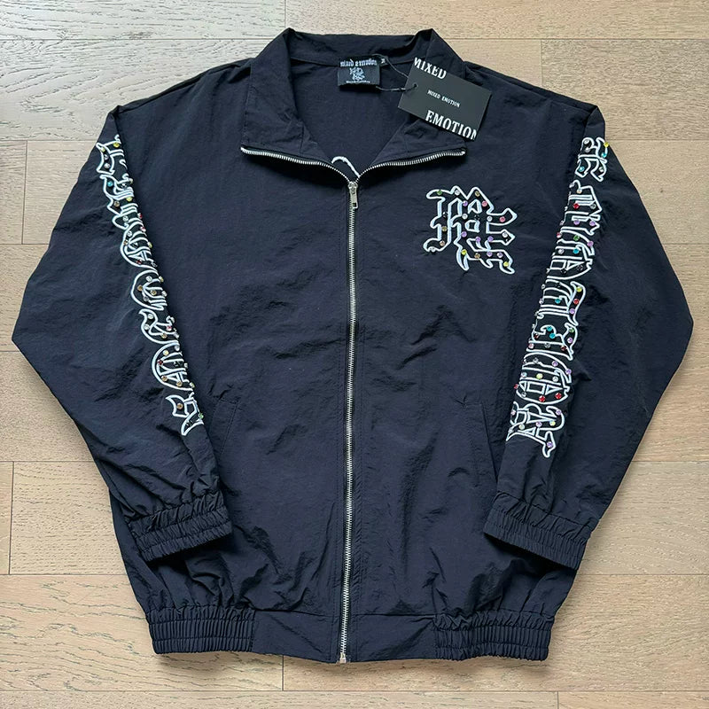 Mixed Emotion Rhinestone Logo Zip‑Up Track Jacket
