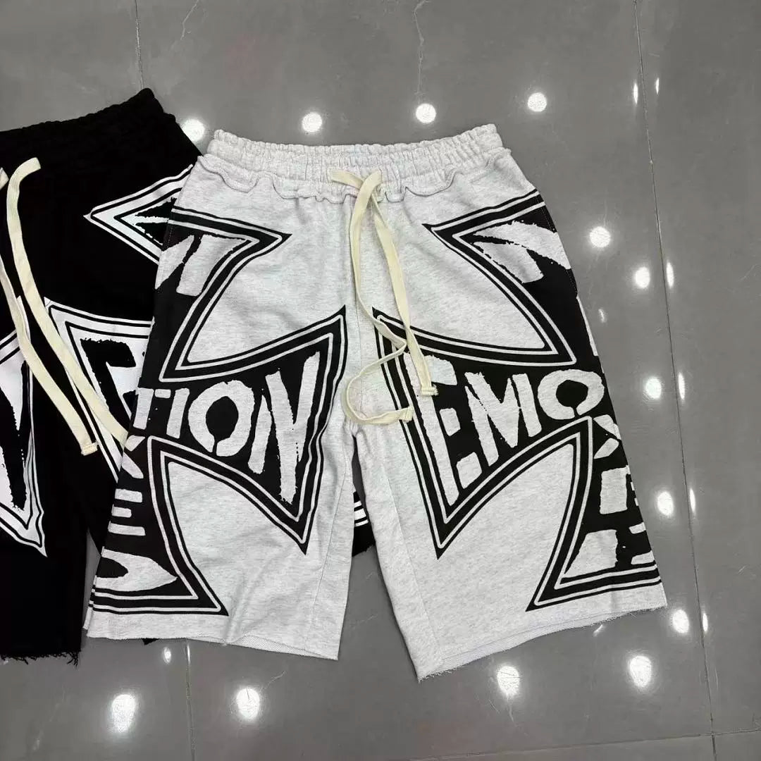 Mixed Emotion Cross Logo Frayed Hem Sweat Shorts