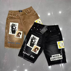 Mixed Emotion Black Denim Shorts – Patchwork Emotion Print