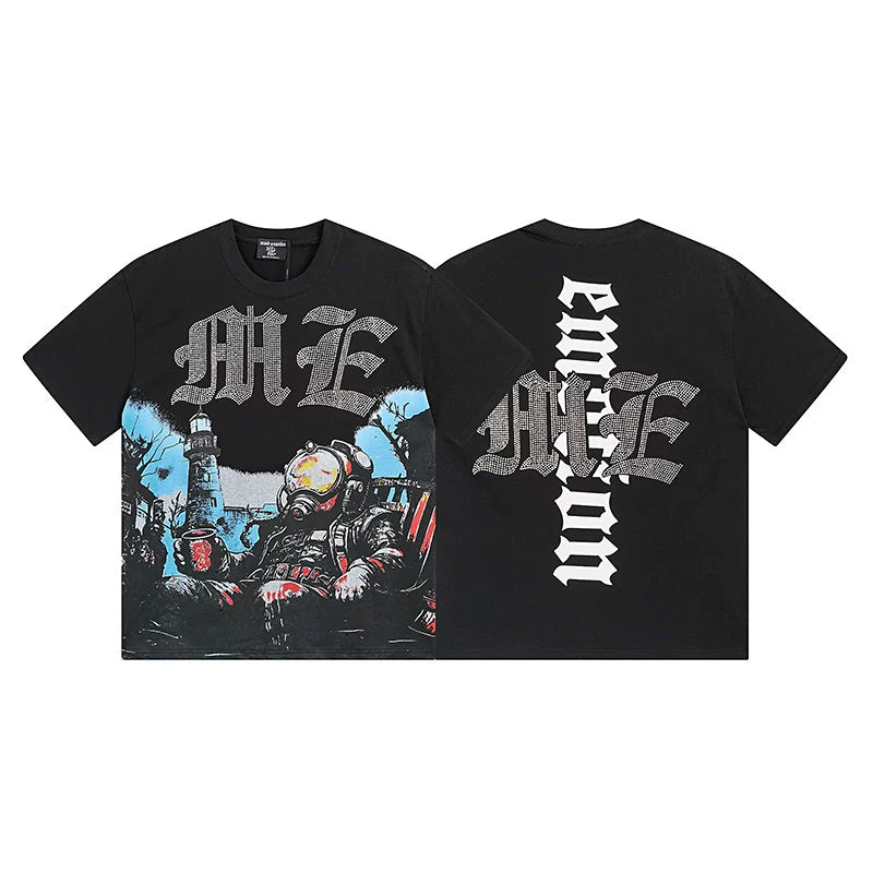 Mixed Emotion Black Tee – Gothic Rhinestone Cross Print