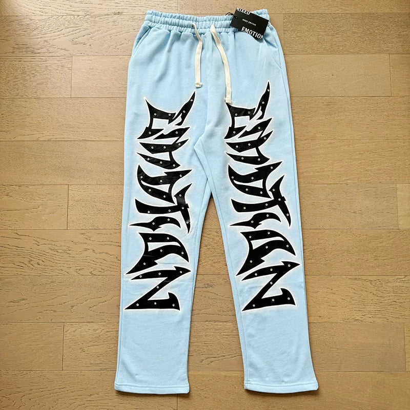 Mixed Emotion Studded Gothic Graphic Straight‑Leg Sweatpants
