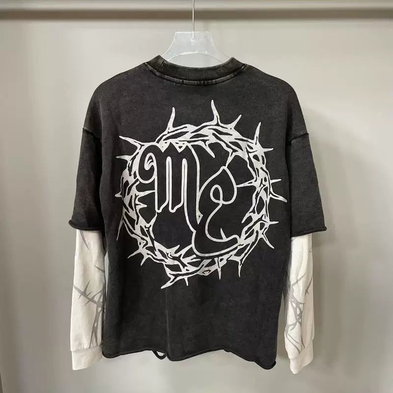 Mixed Emotion Dark Grey Two-Layer Pullover – Thorn Ring Emotion Print