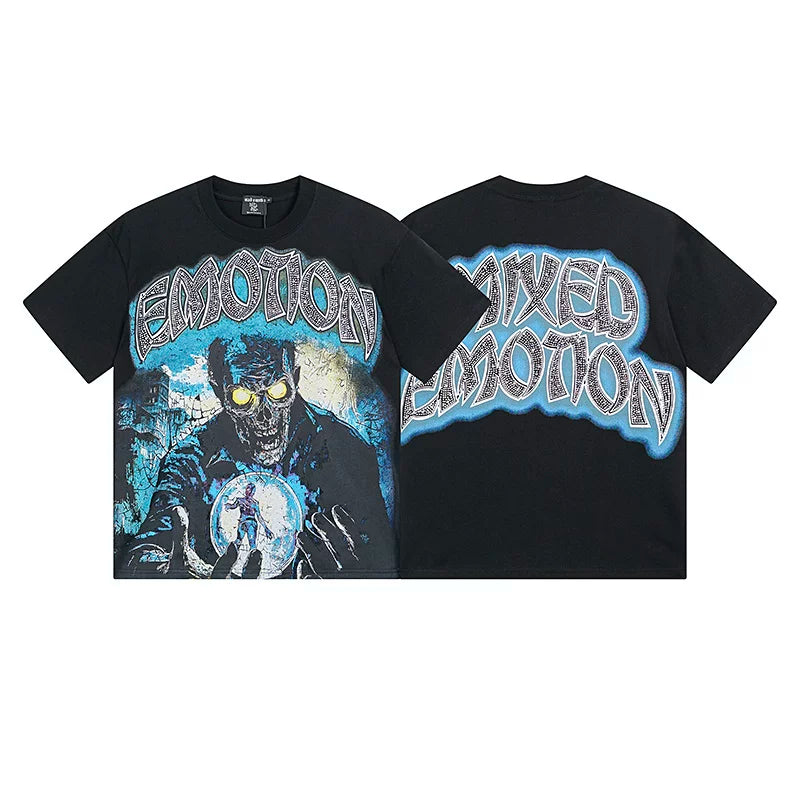 Mixed Emotion Black Tee – Zombie Emotion Blue Outline Print