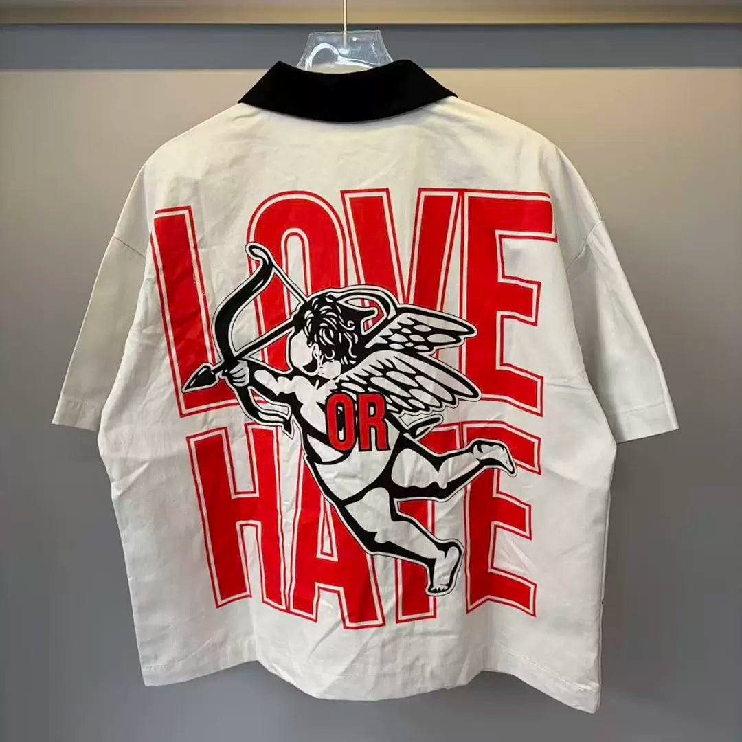 Mixed Emotion Cupid Graphic Zip‑Up Short Sleeve Shirt