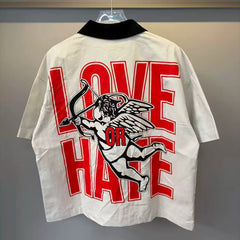 Mixed Emotion Cupid Graphic Zip‑Up Short Sleeve Shirt