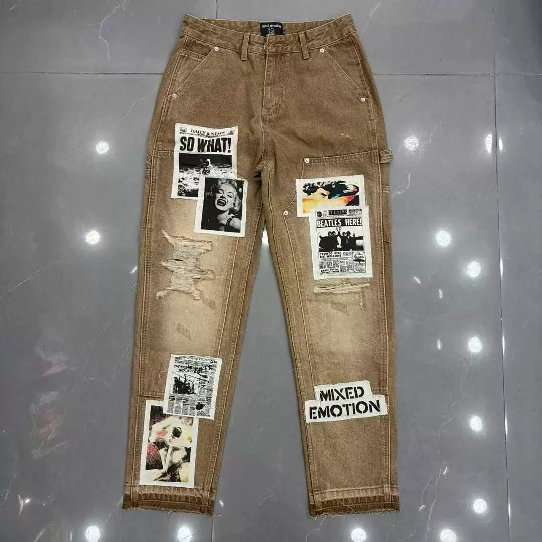 Mixed Emotion Newspaper Patchwork Flare Cargo Jeans