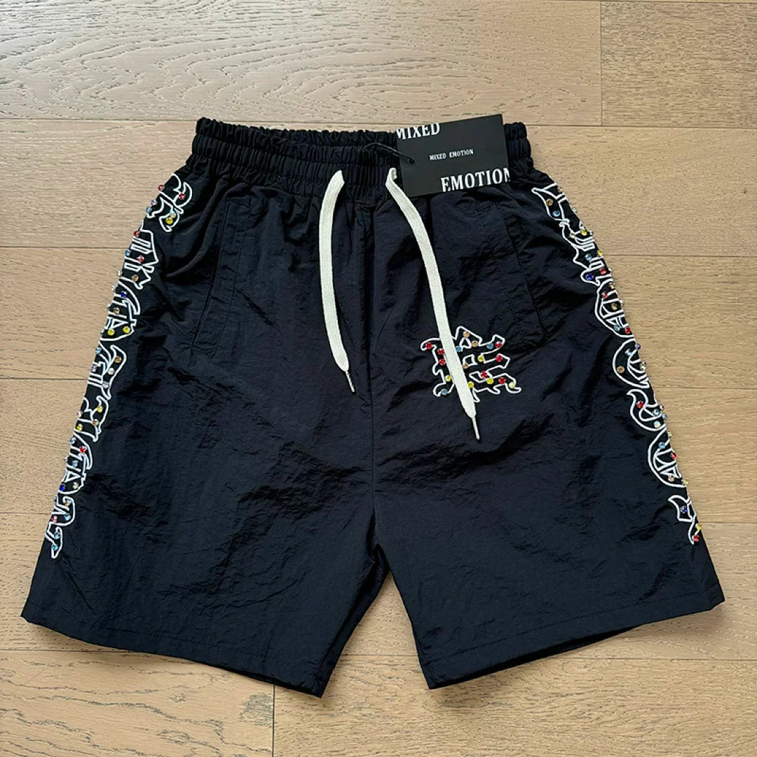 Mixed Emotion Rhinestone Graphic Zip‑Up Shirt & Shorts Set