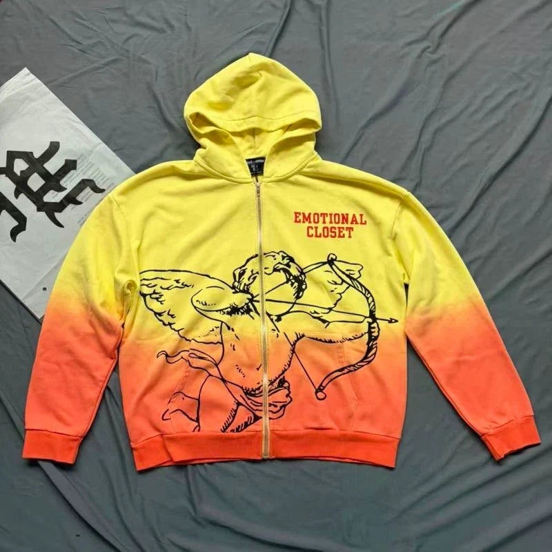 Mixed Emotion Gradient Cupid Graphic Zip‑Up Hoodie