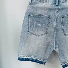 Mixed Emotion Washed Denim Shorts – White Rhinestone Print