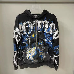 Mixed Emotion Black Zip Hoodie – Blue Yellow Graffiti Portrait Print