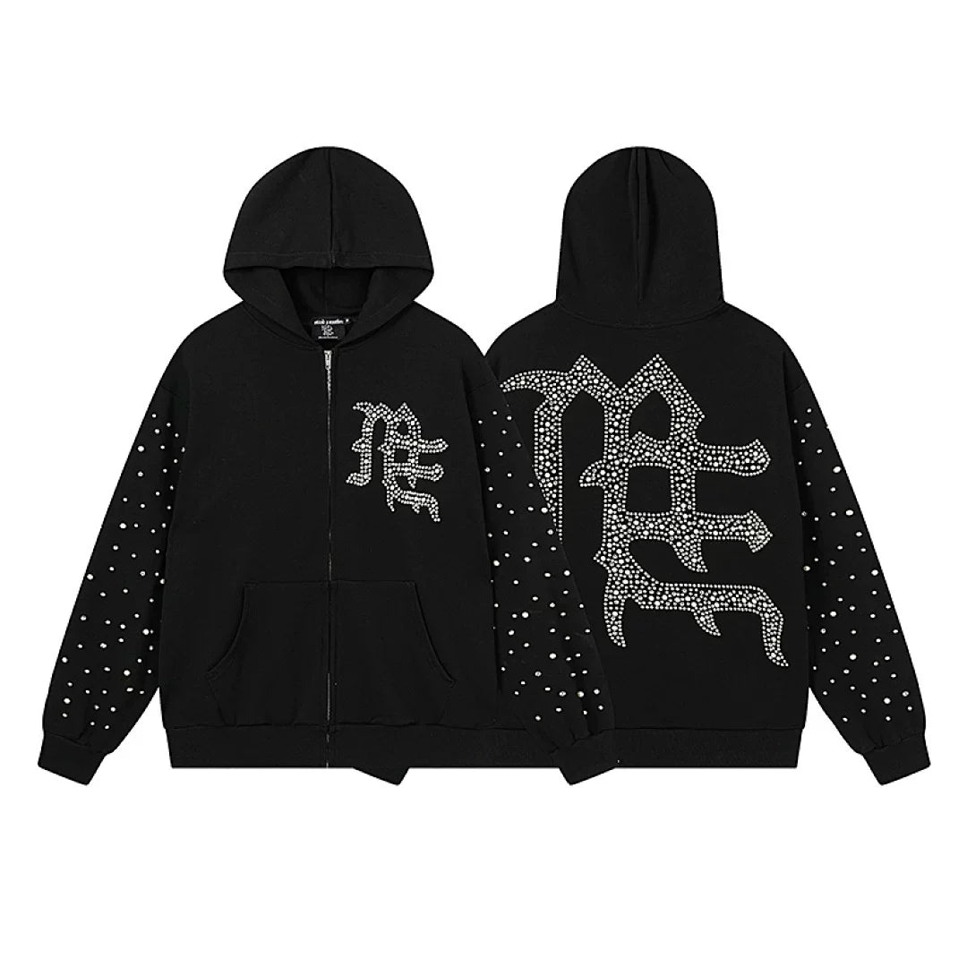 Mixed Emotion Rhinestone Logo Zip‑Up Hoodie Tracksuit Set