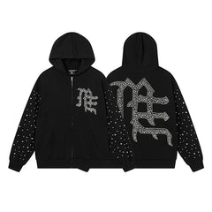 Mixed Emotion Rhinestone Logo Zip‑Up Hoodie Tracksuit Set