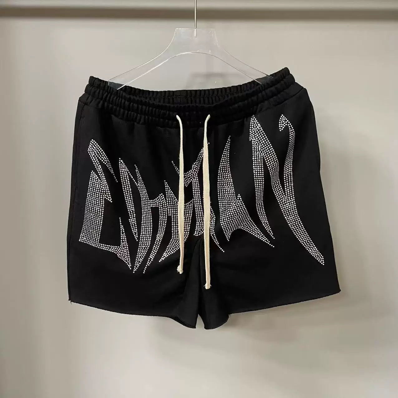 Mixed Emotion Black Shorts – White Rhinestone Art Letter Print