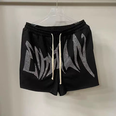 Mixed Emotion Black Shorts – White Rhinestone Art Letter Print