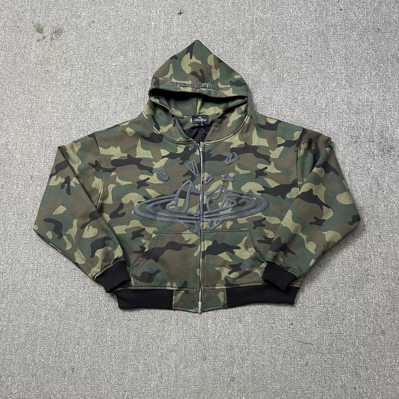 Broken Planet Camo Cracked Planet Cropped Zip Up Hoodie