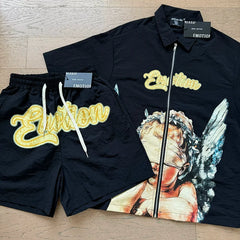 Mixed Emotion Cherub Angel Print Short‑Sleeve Zip Shirt & Shorts Set