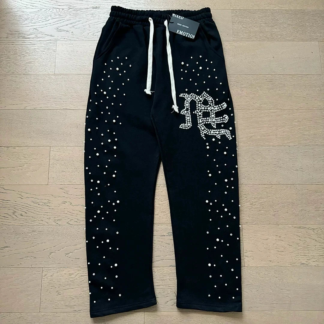 Mixed Emotion Rhinestone Logo Zip‑Up Hoodie Tracksuit Set