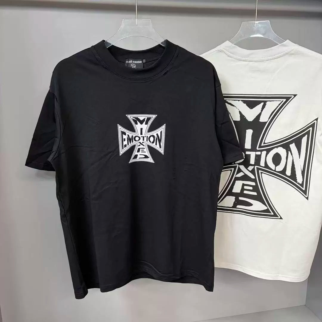 Mixed Emotion Cross Logo Distressed Short Sleeve T‑Shirt