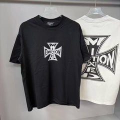 Mixed Emotion Cross Logo Distressed Short Sleeve T‑Shirt