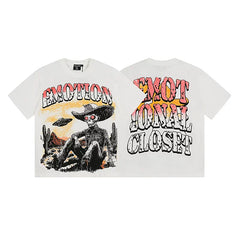 Mixed Emotion White Tee – Western Skull Cowboy Print